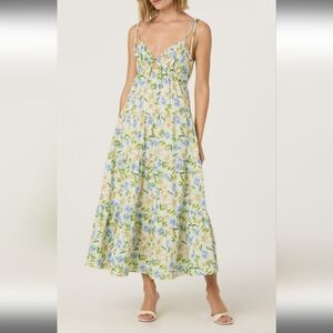 Astr Floral Tiered Midi Dress in Yellow, Blue & Green